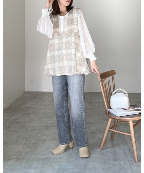 セール】チェック柄フリンジジャガード深Vネックペプラムベスト