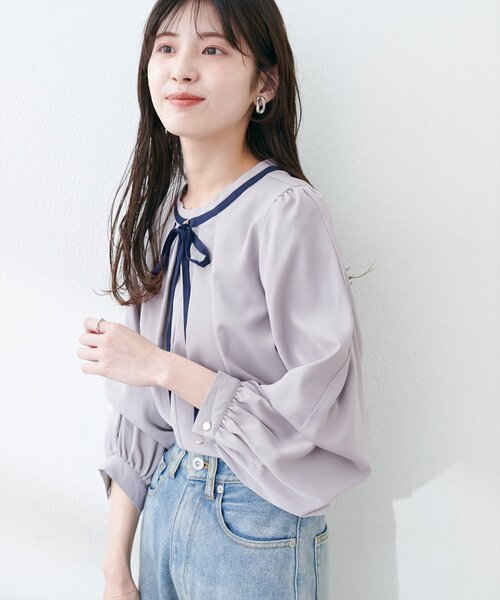 natural couture(ナチュラルクチュール)の「リボン付きマルチWAYブラウス(シャツ/ブラウス・レディース・グレー/アイボリー/ピンク/ブルー/ネイビー・FREE)」の2枚目の写真
