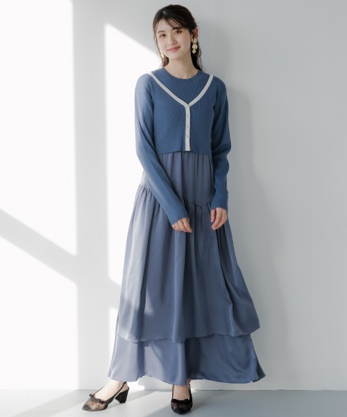 slattgir(スラットジール)の「高身長 ドッキングニットワンピースアンサンブル(カーディガン+ワンピース)(トールサイズ)fifiean(ワンピース・レディース・ブラック系/ブルー系・M/L/LL/3L)」の2枚目の写真