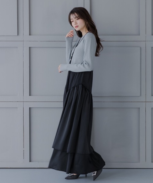 slattgir(スラットジール)の「高身長 ドッキングニットワンピースアンサンブル(カーディガン+ワンピース)(トールサイズ)fifiean(ワンピース・レディース・ブラック系/ブルー系・M/L/LL/3L)」の3枚目の写真