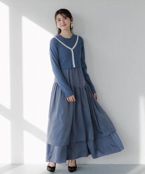 slattgir(スラットジール)の「高身長 ドッキングニットワンピースアンサンブル(カーディガン+ワンピース)(トールサイズ)fifiean(ワンピース・レディース・ブラック系/ブルー系・M/L/LL/3L)」の10枚目の写真