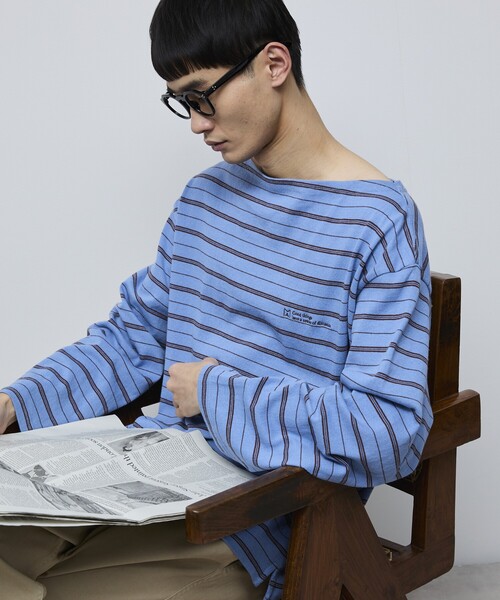 Firsthand（ファーストハンド）の「MA Firsthand/マ ファーストハンド BASIC LOGO刺繍 ルーズボーダーバスクTEE（Tシャツ/カットソー・メンズ・ホワイト/ネイビー/サックスブルー・M/L）」の9枚目の写真