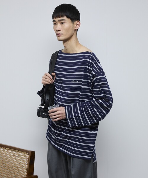 Firsthand（ファーストハンド）の「MA Firsthand/マ ファーストハンド BASIC LOGO刺繍 ルーズボーダーバスクTEE（Tシャツ/カットソー・メンズ・ホワイト/ネイビー/サックスブルー・M/L）」の12枚目の写真