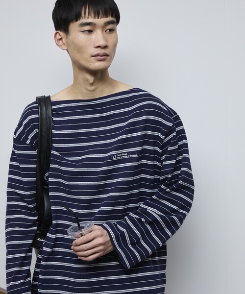 Firsthand（ファーストハンド）の「MA Firsthand/マ ファーストハンド BASIC LOGO刺繍 ルーズボーダーバスクTEE（Tシャツ/カットソー・メンズ・ホワイト/ネイビー/サックスブルー・M/L）」の4枚目の写真