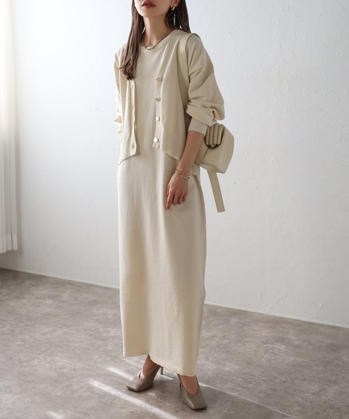 セール】Vネックカーディガン×ノースリーブIラインワンピースセット