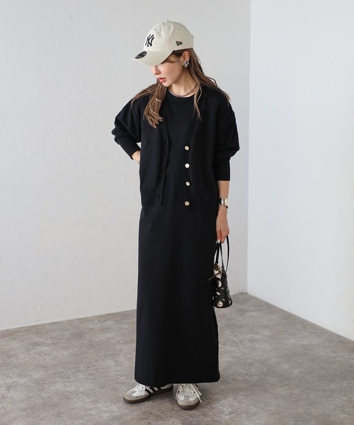 セール】Vネックカーディガン×ノースリーブIラインワンピースセット