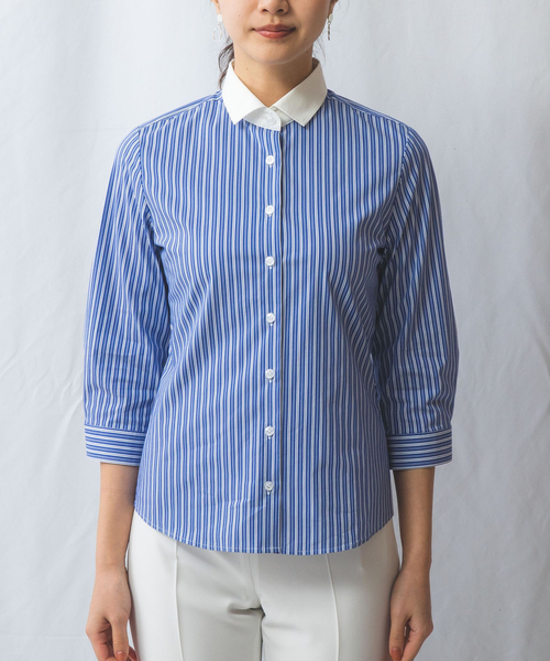 NARACAMICIE（ナラカミーチェ）の「【NARACAMICIE】ストライプクレリック七分袖シャツ（シャツ/ブラウス・レディース・ブルー/ブラック・M/XL/XXL/S/L）」の5枚目の写真