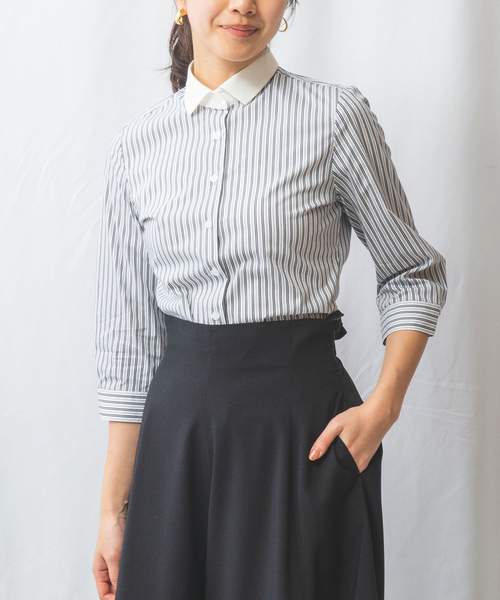 NARACAMICIE（ナラカミーチェ）の「【NARACAMICIE】ストライプクレリック七分袖シャツ（シャツ/ブラウス・レディース・ブルー/ブラック・M/XL/XXL/S/L）」の12枚目の写真