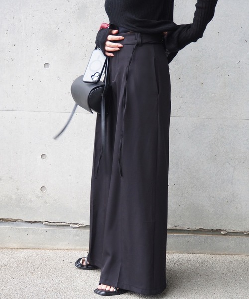 LOHEN黒 ワイドパンツ ウエスト紐付き ハイウエストワイドパンツ | レディースファッション通販 - DHOLIC