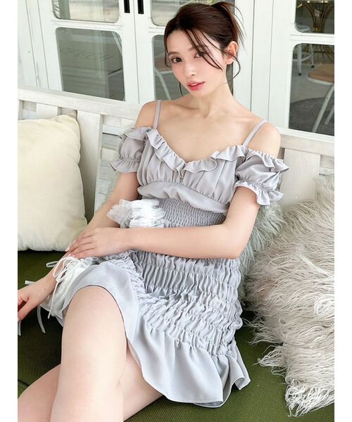 リュクス ワンピース 可愛すぎる フリル ミニ グレー シャーリングミニワンピース（ワンピース）｜RESEXXY