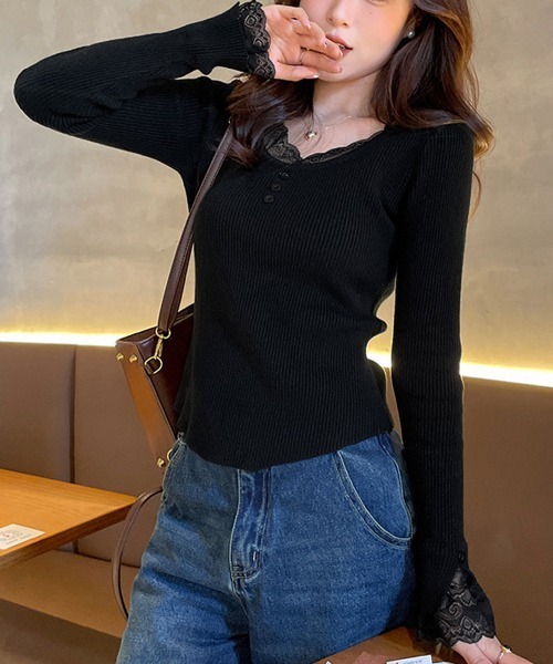 Miniministore（ミニミニストア）の「レイヤードニットトップス レース切替え（ニット/セーター・レディース・ピンク/ライトイエロー/アイボリー/ブラック/ホワイト・FREE）」の10枚目の写真