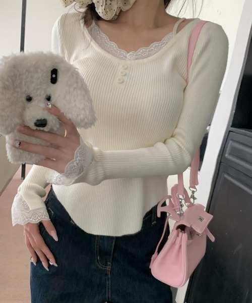Miniministore（ミニミニストア）の「レイヤードニットトップス レース切替え（ニット/セーター・レディース・ピンク/ライトイエロー/アイボリー/ブラック/ホワイト・FREE）」の11枚目の写真