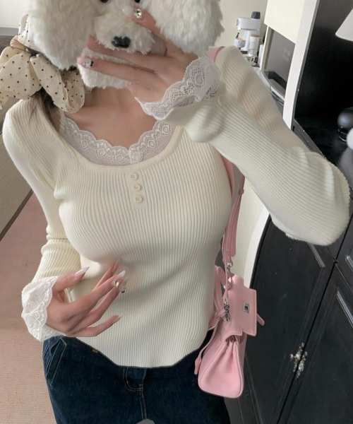Miniministore（ミニミニストア）の「レイヤードニットトップス レース切替え（ニット/セーター・レディース・ピンク/ライトイエロー/アイボリー/ブラック/ホワイト・FREE）」の12枚目の写真