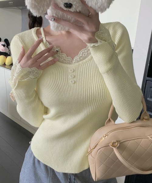 Miniministore（ミニミニストア）の「レイヤードニットトップス レース切替え（ニット/セーター・レディース・ピンク/ライトイエロー/アイボリー/ブラック/ホワイト・FREE）」の13枚目の写真