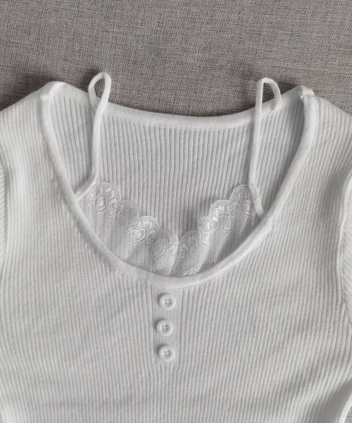 Miniministore（ミニミニストア）の「レイヤードニットトップス レース切替え（ニット/セーター・レディース・ピンク/ライトイエロー/アイボリー/ブラック/ホワイト・FREE）」の22枚目の写真
