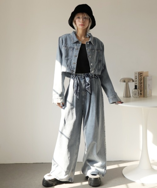セール】【セットアップ】デニムジャケット&デニムパンツ スカーフ付き