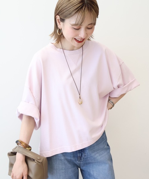 AMERICAN HOLIC（アメリカンホリック）の「ピグメント加工ミニ裏毛5分袖プルオーバー（Tシャツ/カットソー・レディース・ネイビー/チャコールグレー/アイボリー/ピンク・L/M）」の4枚目の写真