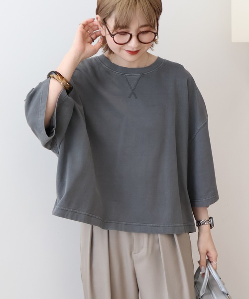 AMERICAN HOLIC（アメリカンホリック）の「ピグメント加工ミニ裏毛5分袖プルオーバー（Tシャツ/カットソー・レディース・ネイビー/チャコールグレー/アイボリー/ピンク・L/M）」の5枚目の写真