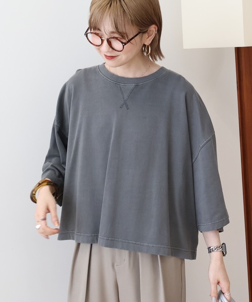 AMERICAN HOLIC（アメリカンホリック）の「ピグメント加工ミニ裏毛5分袖プルオーバー（Tシャツ/カットソー・レディース・ネイビー/チャコールグレー/アイボリー/ピンク・L/M）」の6枚目の写真