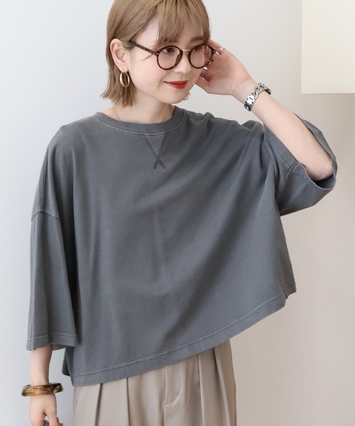 AMERICAN HOLIC（アメリカンホリック）の「ピグメント加工ミニ裏毛5分袖プルオーバー（Tシャツ/カットソー・レディース・ネイビー/チャコールグレー/アイボリー/ピンク・L/M）」の7枚目の写真