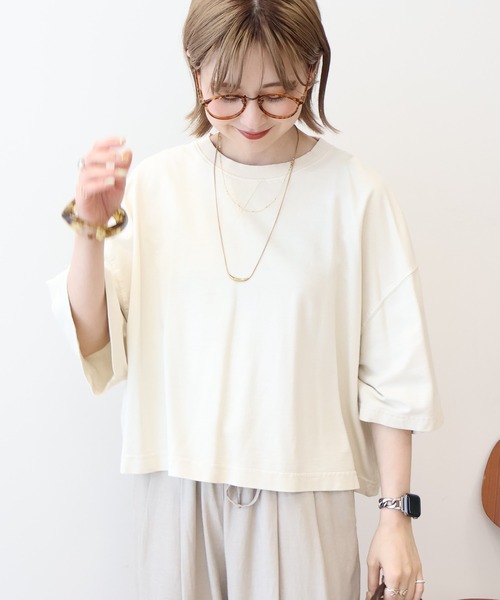 AMERICAN HOLIC（アメリカンホリック）の「ピグメント加工ミニ裏毛5分袖プルオーバー（Tシャツ/カットソー・レディース・ネイビー/チャコールグレー/アイボリー/ピンク・L/M）」の16枚目の写真