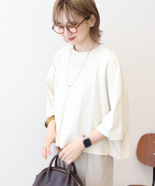 AMERICAN HOLIC（アメリカンホリック）の「ピグメント加工ミニ裏毛5分袖プルオーバー（Tシャツ/カットソー・レディース・ネイビー/チャコールグレー/アイボリー/ピンク・L/M）」の17枚目の写真