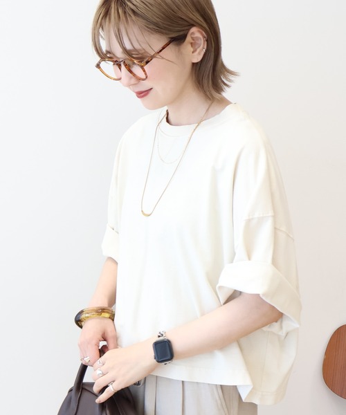 AMERICAN HOLIC（アメリカンホリック）の「ピグメント加工ミニ裏毛5分袖プルオーバー（Tシャツ/カットソー・レディース・ネイビー/チャコールグレー/アイボリー/ピンク・L/M）」の19枚目の写真