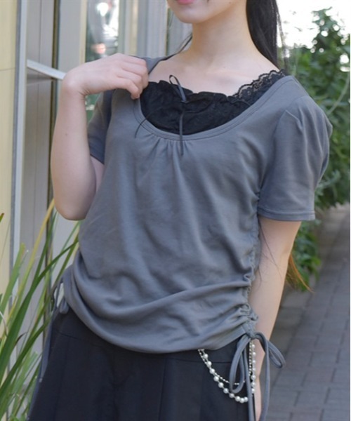 axes femme(アクシーズファム)の「ドロストレイヤード風トップス(Tシャツ/カットソー・レディース・ブラック/キナリ/チャコール・FREE)」の3枚目の写真