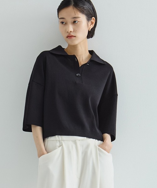 WRAPINKNOT（ラッピンノット）の「【WRAPINKNOT/ラッピンノット】《STUDIOUS別注》POLO KNIT TOPS/ニットトップス（ニット/セーター・レディース・ホワイト/ブラック・FREE）」の2枚目の写真