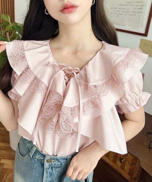 半袖フリルブラウス Lace Ladies フリルギャザー前開き半袖ブラウス レディース 女性