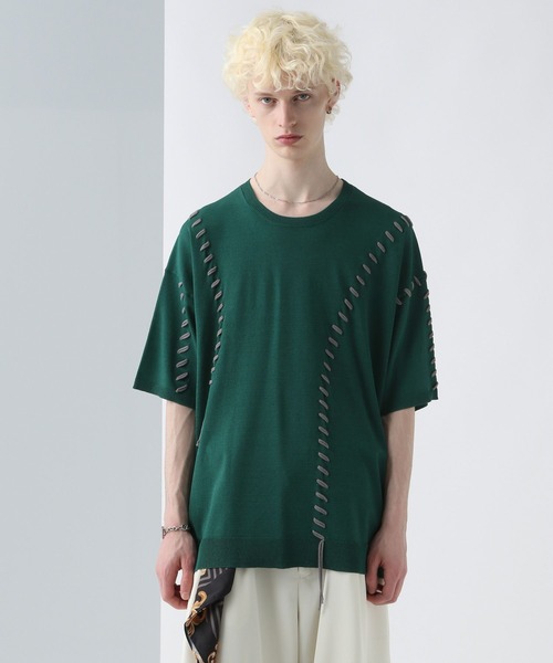 HARE(ハレ)の「ハンドダブルステッチニットプルオーバー(HARE)(ニット/セーター・メンズ・ブラック/ホワイト/グリーン・FREE)」の7枚目の写真