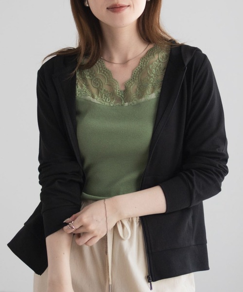 Mac-House(マックハウス)の「【UVカット ・ドライ】 ジップパーカー(パーカー・レディース・ピンク/アクア/グリーン系/ラベンダー/オートミール/ブラック/杢グレー・M/L/XL)」の2枚目の写真