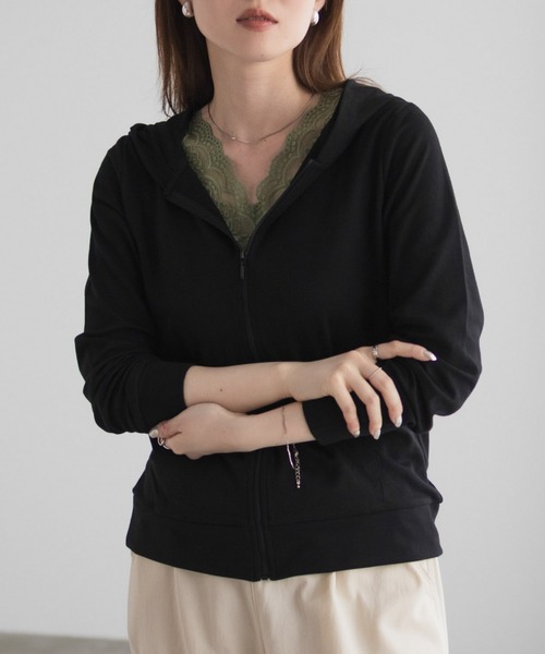 Mac-House(マックハウス)の「【UVカット ・ドライ】 ジップパーカー(パーカー・レディース・ピンク/アクア/グリーン系/ラベンダー/オートミール/ブラック/杢グレー・M/L/XL)」の9枚目の写真