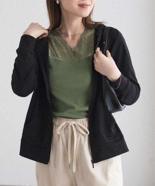 Mac-House(マックハウス)の「【UVカット ・ドライ】 ジップパーカー(パーカー・レディース・ピンク/アクア/グリーン系/ラベンダー/オートミール/ブラック/杢グレー・M/L/XL)」の11枚目の写真