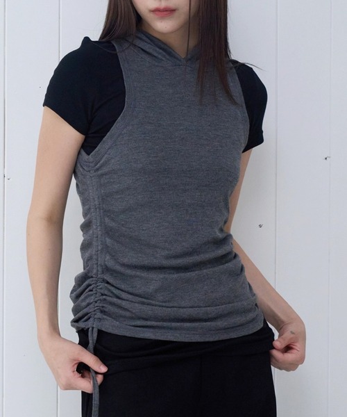PLACE STUDIO（プレイススタジオ）の「PLACE STUDIO／シースルーフードレイヤードT（Tシャツ/カットソー・レディース・チャコールグレー/ブルー・FREE）」の2枚目の写真