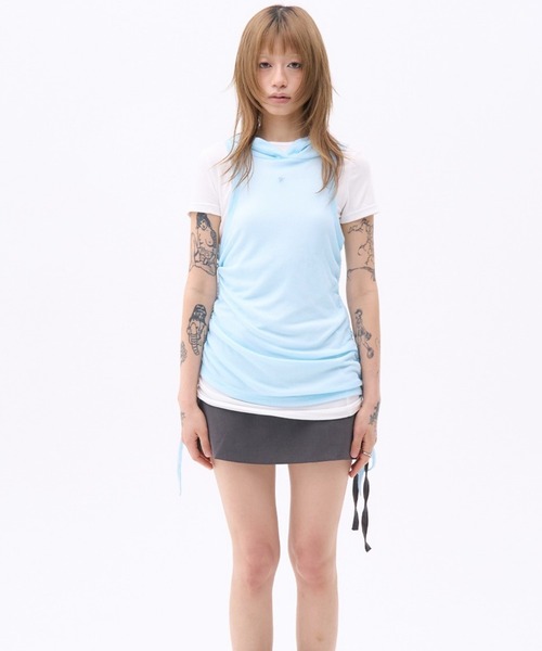 PLACE STUDIO（プレイススタジオ）の「PLACE STUDIO／シースルーフードレイヤードT（Tシャツ/カットソー・レディース・チャコールグレー/ブルー・FREE）」の6枚目の写真