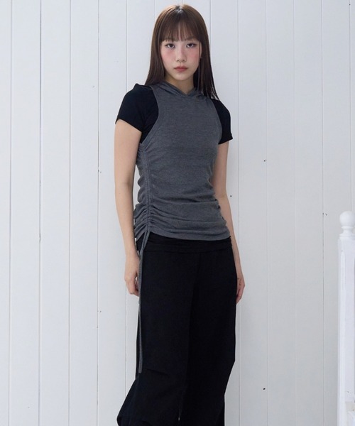 PLACE STUDIO（プレイススタジオ）の「PLACE STUDIO／シースルーフードレイヤードT（Tシャツ/カットソー・レディース・チャコールグレー/ブルー・FREE）」の9枚目の写真