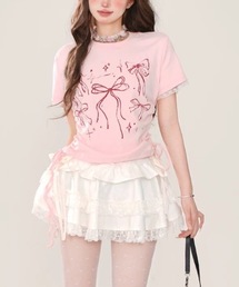 リボンプリントドローストショートTシャツ