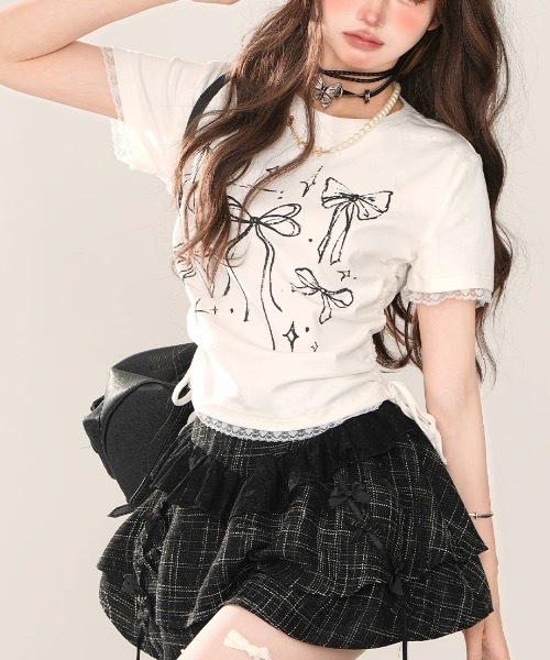 FUNdaysion（ファンデイション）の「リボンプリントドローストショートTシャツ（Tシャツ/カットソー・レディース・ブラック/ピンク/ホワイト・M）」の4枚目の写真