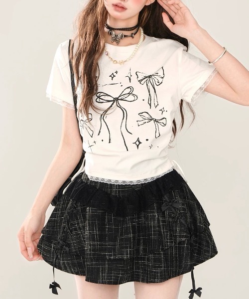 FUNdaysion（ファンデイション）の「リボンプリントドローストショートTシャツ（Tシャツ/カットソー・レディース・ブラック/ピンク/ホワイト・M）」の5枚目の写真