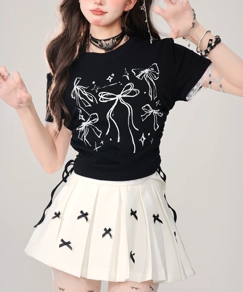 FUNdaysion（ファンデイション）の「リボンプリントドローストショートTシャツ（Tシャツ/カットソー・レディース・ブラック/ピンク/ホワイト・M）」の7枚目の写真