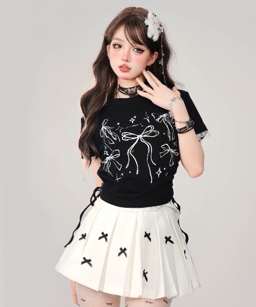 FUNdaysion（ファンデイション）の「リボンプリントドローストショートTシャツ（Tシャツ/カットソー・レディース・ブラック/ピンク/ホワイト・M）」の8枚目の写真