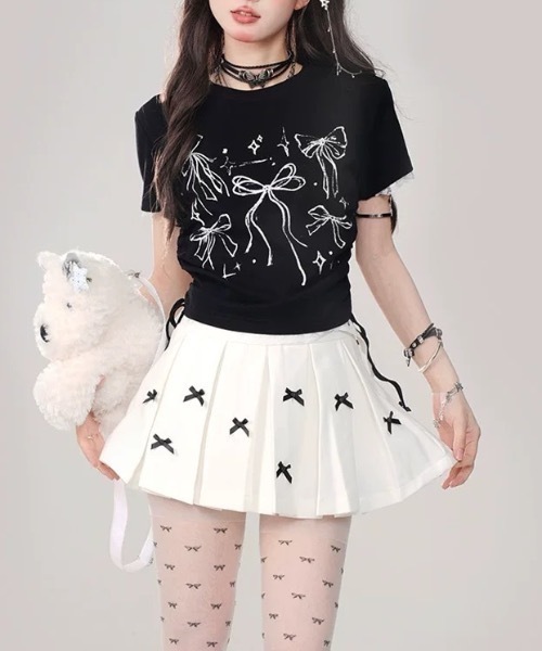 FUNdaysion（ファンデイション）の「リボンプリントドローストショートTシャツ（Tシャツ/カットソー・レディース・ブラック/ピンク/ホワイト・M）」の9枚目の写真