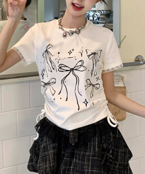FUNdaysion（ファンデイション）の「リボンプリントドローストショートTシャツ（Tシャツ/カットソー・レディース・ブラック/ピンク/ホワイト・M）」の10枚目の写真