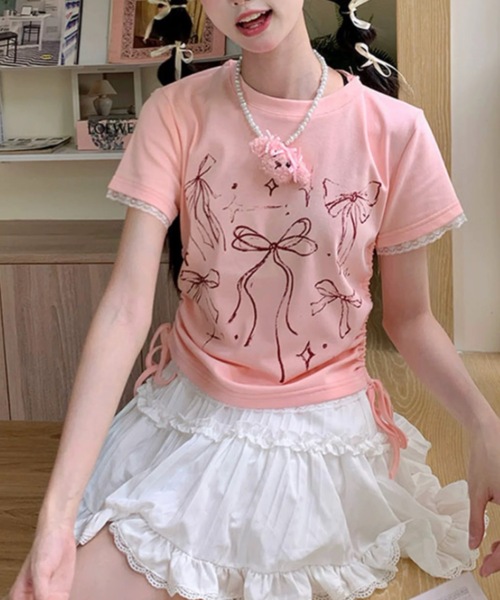 FUNdaysion（ファンデイション）の「リボンプリントドローストショートTシャツ（Tシャツ/カットソー・レディース・ブラック/ピンク/ホワイト・M）」の11枚目の写真
