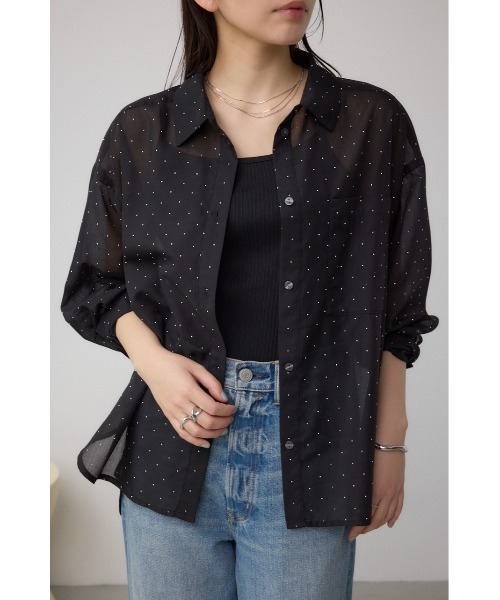 AZUL by moussy（アズールバイマウジー）の「ラインストーンシャツ（シャツ/ブラウス・レディース・ブラック/オフホワイト/ストライプ・SMALL/MEDIUM）」の3枚目の写真