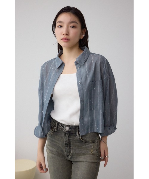 AZUL by moussy（アズールバイマウジー）の「ラインストーンシャツ（シャツ/ブラウス・レディース・ブラック/オフホワイト/ストライプ・SMALL/MEDIUM）」の14枚目の写真