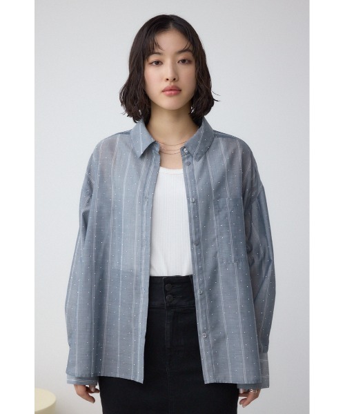 AZUL by moussy（アズールバイマウジー）の「ラインストーンシャツ（シャツ/ブラウス・レディース・ブラック/オフホワイト/ストライプ・SMALL/MEDIUM）」の5枚目の写真