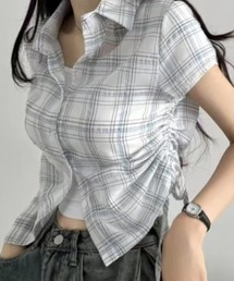 シルエット調整可能◎ チェック柄サイドシャーリング半袖シャツ
