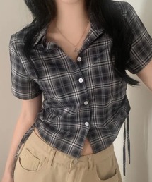 シルエット調整可能◎ チェック柄サイドシャーリング半袖シャツ